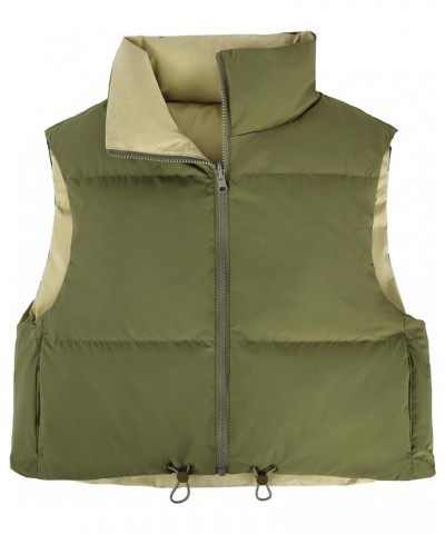 Women's Cropped Puffer Vest - Lightweight Reversible Zip Up Padded Outerwear Stand Collar Gilet Sleeveless Jacket Khaki $37.4...