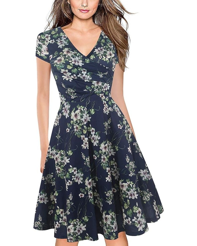 Women's Casual Dresses Criss-Cross V-Neck Floral Flare Midi Summer Dress OX233 Blue Green F $19.23 Dresses