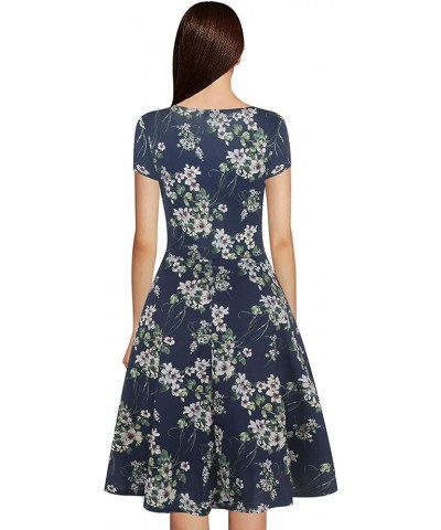 Women's Casual Dresses Criss-Cross V-Neck Floral Flare Midi Summer Dress OX233 Blue Green F $19.23 Dresses