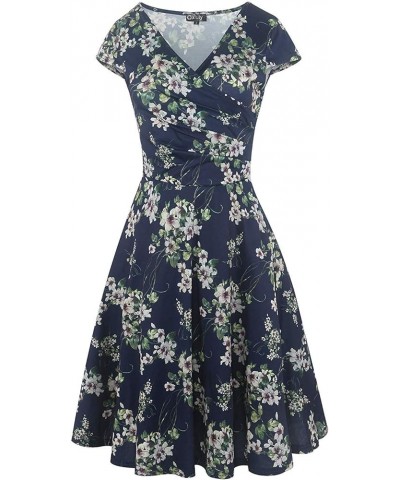 Women's Casual Dresses Criss-Cross V-Neck Floral Flare Midi Summer Dress OX233 Blue Green F $19.23 Dresses