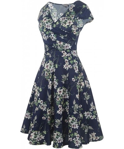 Women's Casual Dresses Criss-Cross V-Neck Floral Flare Midi Summer Dress OX233 Blue Green F $19.23 Dresses