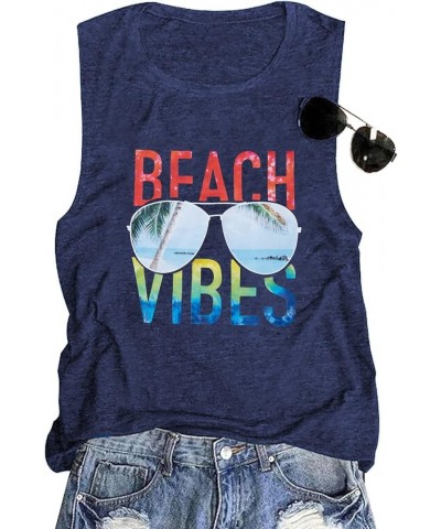 Beach Vibes Tank Tops Women Casual Summer Beach Letter Printed Tank Tops Hawaiian Vacation Sleeveless Tee Blue-a $7.64 Tanks