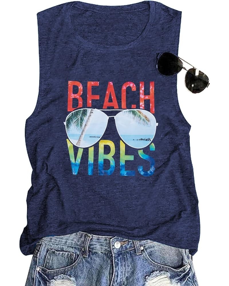 Beach Vibes Tank Tops Women Casual Summer Beach Letter Printed Tank Tops Hawaiian Vacation Sleeveless Tee Blue-a $7.64 Tanks