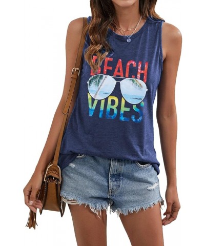 Beach Vibes Tank Tops Women Casual Summer Beach Letter Printed Tank Tops Hawaiian Vacation Sleeveless Tee Blue-a $7.64 Tanks