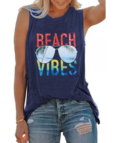 Beach Vibes Tank Tops Women Casual Summer Beach Letter Printed Tank Tops Hawaiian Vacation Sleeveless Tee Blue-a $7.64 Tanks