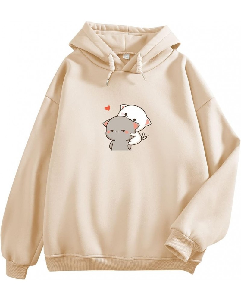 Women Kawaii Cartoon Cute Cat Graphic Hoodie Sweatshirt Clothe for Teen Girls Aesthetic Casual Fashion Pullover Tops Apricot ...