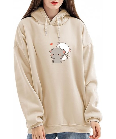 Women Kawaii Cartoon Cute Cat Graphic Hoodie Sweatshirt Clothe for Teen Girls Aesthetic Casual Fashion Pullover Tops Apricot ...