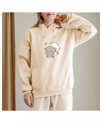 Women Kawaii Cartoon Cute Cat Graphic Hoodie Sweatshirt Clothe for Teen Girls Aesthetic Casual Fashion Pullover Tops Apricot ...