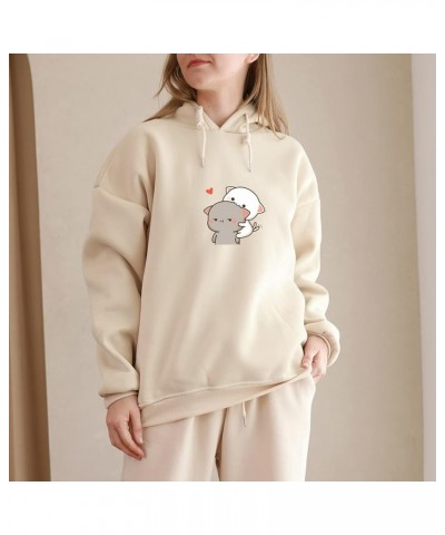 Women Kawaii Cartoon Cute Cat Graphic Hoodie Sweatshirt Clothe for Teen Girls Aesthetic Casual Fashion Pullover Tops Apricot ...