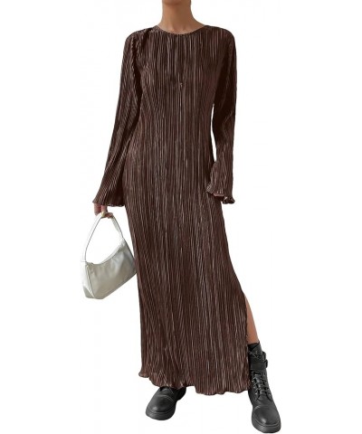 Women's Lettuce Trim Slit Hem Casual Round Neck Long Flounce Sleeve Maxi Dress Coffee Brown $17.50 Dresses