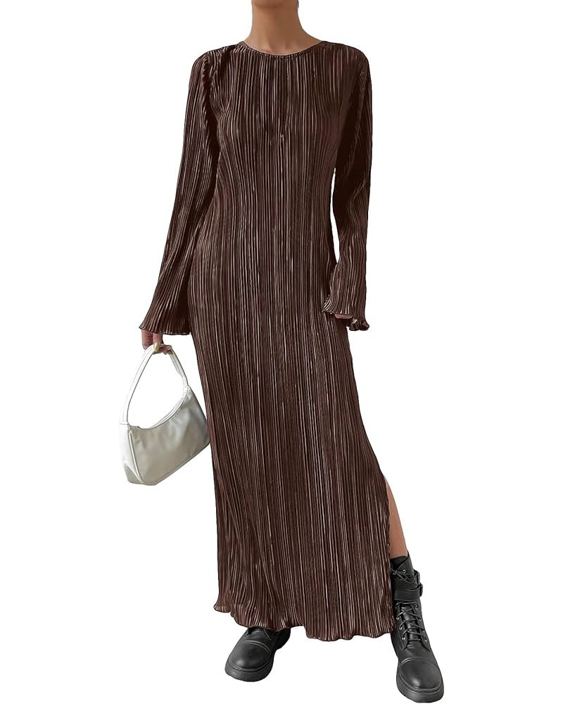 Women's Lettuce Trim Slit Hem Casual Round Neck Long Flounce Sleeve Maxi Dress Coffee Brown $17.50 Dresses