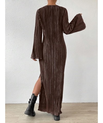 Women's Lettuce Trim Slit Hem Casual Round Neck Long Flounce Sleeve Maxi Dress Coffee Brown $17.50 Dresses