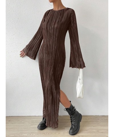 Women's Lettuce Trim Slit Hem Casual Round Neck Long Flounce Sleeve Maxi Dress Coffee Brown $17.50 Dresses