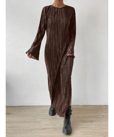 Women's Lettuce Trim Slit Hem Casual Round Neck Long Flounce Sleeve Maxi Dress Coffee Brown $17.50 Dresses