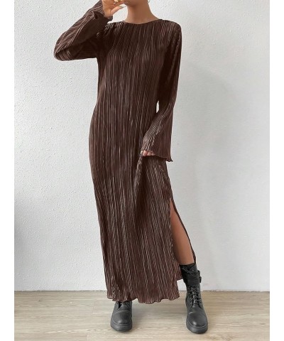 Women's Lettuce Trim Slit Hem Casual Round Neck Long Flounce Sleeve Maxi Dress Coffee Brown $17.50 Dresses