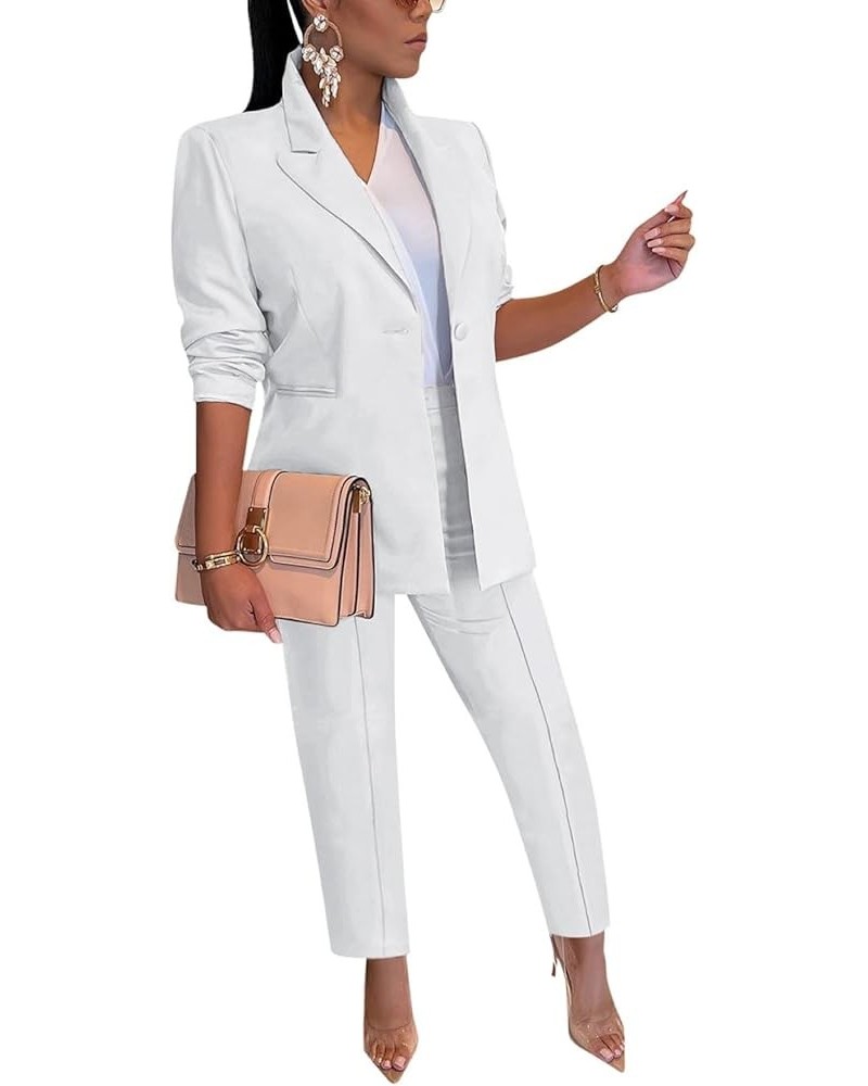 Women's Blazer Suit Set 2 Piece Long Pants Sleeve Button Jacket Solid Work Business Casual Office Outfits White $28.51 Suits