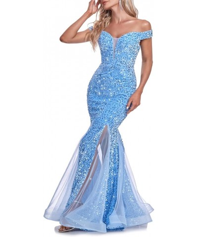 Sequin Sexy V Neck Back Lace Up Spaghetti Strap Slit Mermaid Long Midi Dresses Light Blue $43.50 Dresses