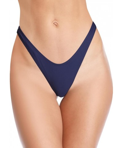 Women's Thong Bikini Bottom High Cut V Cheeky Brazilian Swimsuit Bottom Deep Blue $13.03 Swimsuits