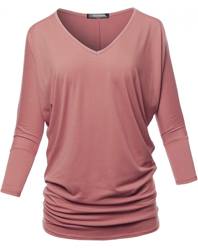 Women's Loose Fit 3/4 Sleeve Drape Dolman Top with Plus Size Stu003_mauve $13.10 T-Shirts