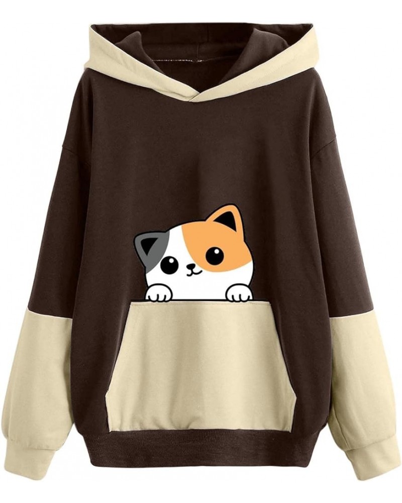 Sweatshirts for Women Trendy,Teen Girl Cute Cat Print Sweatshirt Long Sleeve Hoodies Color Block Hooded  Fall Clothes Hoodies...