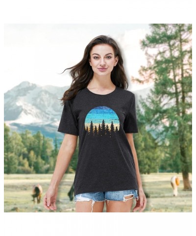 Sunset Pine Tree Tshirt Women Camping Tshirt Retro Sun Print Graphic Tee Casual Short Sleeve Top A-grey $13.10 Tops