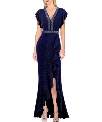 Womens Beaded V Neck Ruffle Sleeve Formal Prom High Split Maxi Dress 2023 Wedding Guest Bridesmaid Evening Long Gown Sparkly ...