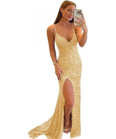 Prom Dresses 2024 Spaghetti Straps Sequin Ball Gown Mermaid Formal Evening Dress Champagne $27.95 Dresses