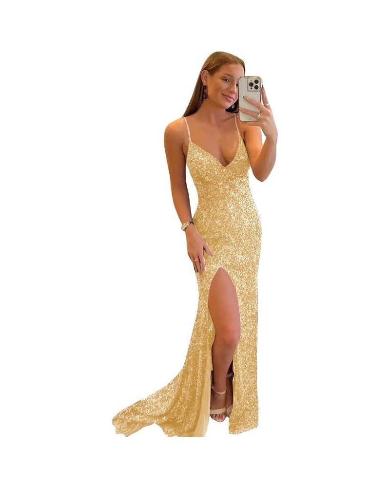 Prom Dresses 2024 Spaghetti Straps Sequin Ball Gown Mermaid Formal Evening Dress Champagne $27.95 Dresses