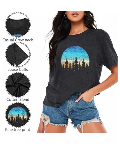 Sunset Pine Tree Tshirt Women Camping Tshirt Retro Sun Print Graphic Tee Casual Short Sleeve Top A-grey $13.10 Tops