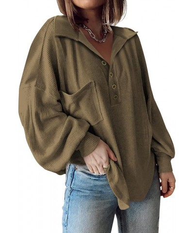 Women's Casual V Neck Ribbed Knitted Shirts Pullover Tunic Tops Loose Balloon Sleeve Solid Color Blouses Top Turndown Army Gr...