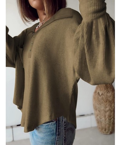 Women's Casual V Neck Ribbed Knitted Shirts Pullover Tunic Tops Loose Balloon Sleeve Solid Color Blouses Top Turndown Army Gr...