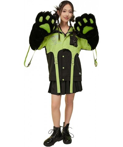 Women's Motorcycle Cat Hooded Crop Top and Skirt with Straps and Detachable Furry Paw Gloves Outfit Green $41.80 Suits