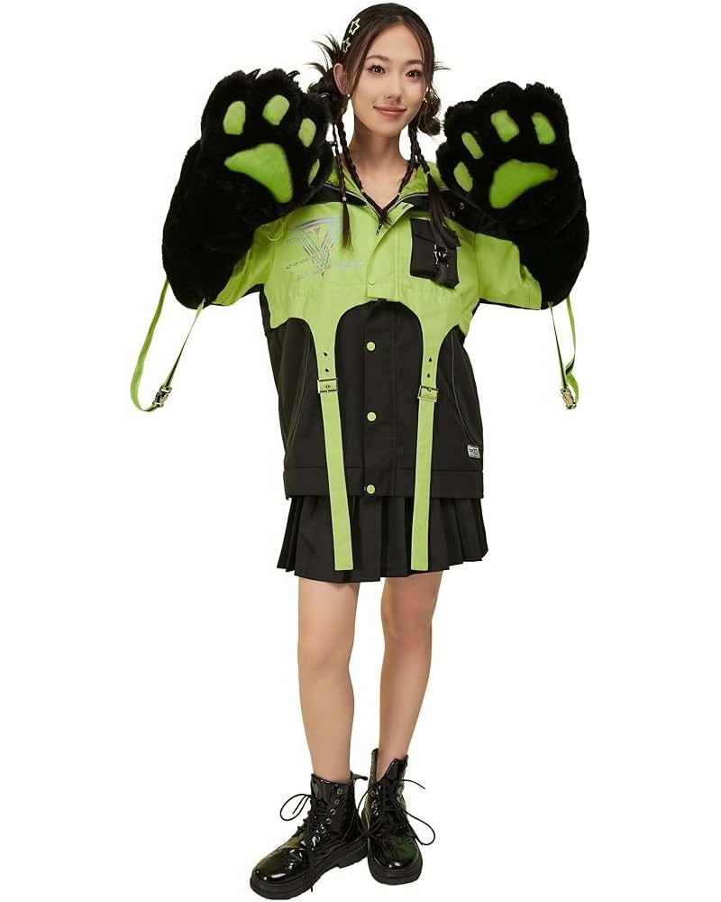 Women's Motorcycle Cat Hooded Crop Top and Skirt with Straps and Detachable Furry Paw Gloves Outfit Green $41.80 Suits