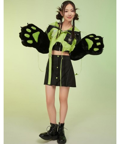 Women's Motorcycle Cat Hooded Crop Top and Skirt with Straps and Detachable Furry Paw Gloves Outfit Green $41.80 Suits