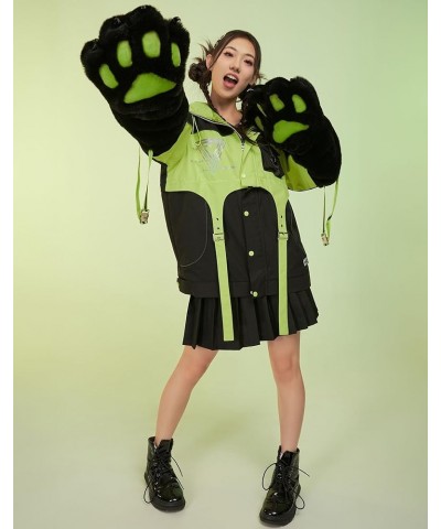 Women's Motorcycle Cat Hooded Crop Top and Skirt with Straps and Detachable Furry Paw Gloves Outfit Green $41.80 Suits