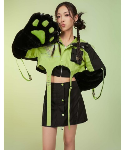 Women's Motorcycle Cat Hooded Crop Top and Skirt with Straps and Detachable Furry Paw Gloves Outfit Green $41.80 Suits