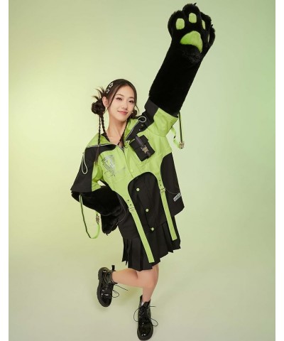 Women's Motorcycle Cat Hooded Crop Top and Skirt with Straps and Detachable Furry Paw Gloves Outfit Green $41.80 Suits