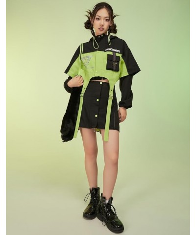 Women's Motorcycle Cat Hooded Crop Top and Skirt with Straps and Detachable Furry Paw Gloves Outfit Green $41.80 Suits