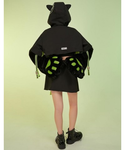 Women's Motorcycle Cat Hooded Crop Top and Skirt with Straps and Detachable Furry Paw Gloves Outfit Green $41.80 Suits