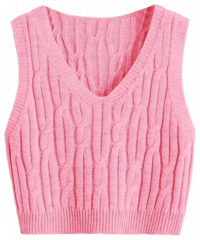 Women's V Neck Sleeveless Cable Knitted Crop Tank Top Sweater Vest Pink $12.09 Sweaters