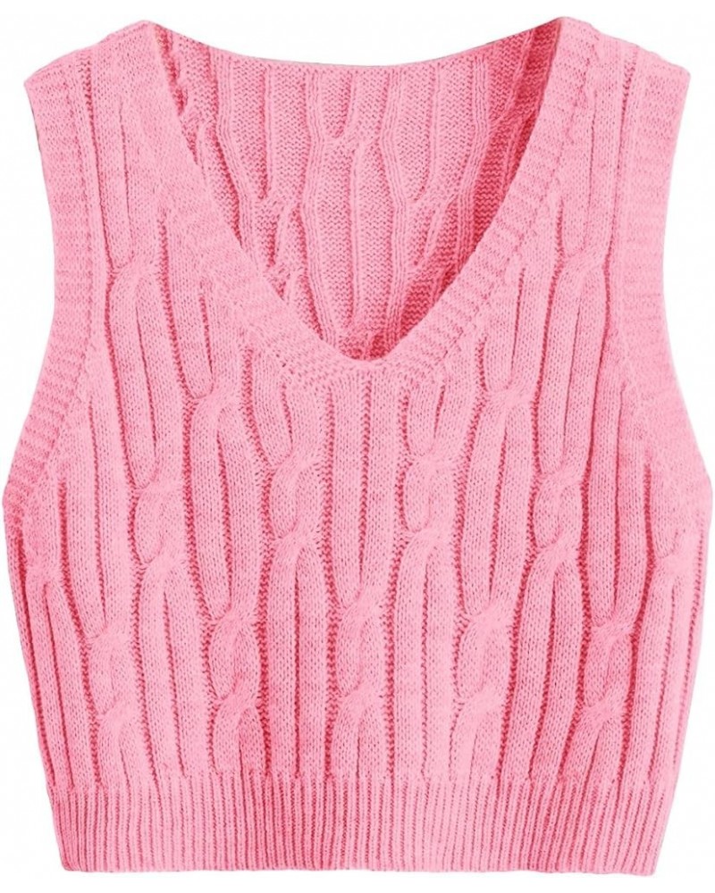 Women's V Neck Sleeveless Cable Knitted Crop Tank Top Sweater Vest Pink $12.09 Sweaters