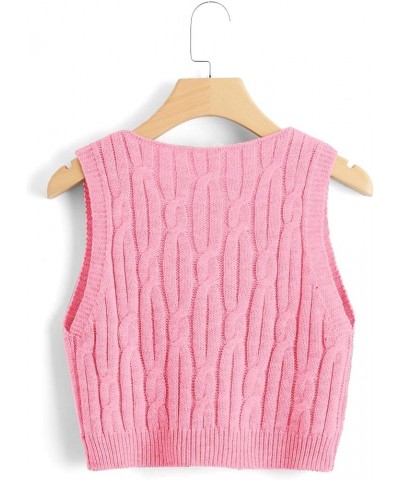 Women's V Neck Sleeveless Cable Knitted Crop Tank Top Sweater Vest Pink $12.09 Sweaters