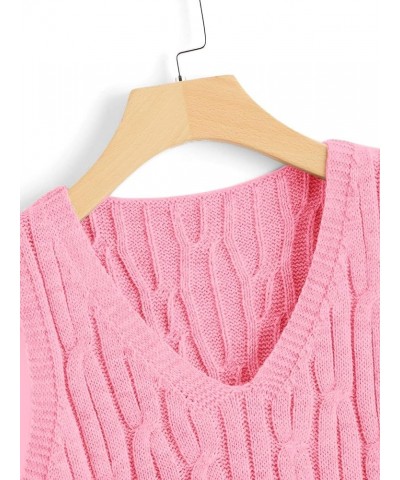 Women's V Neck Sleeveless Cable Knitted Crop Tank Top Sweater Vest Pink $12.09 Sweaters