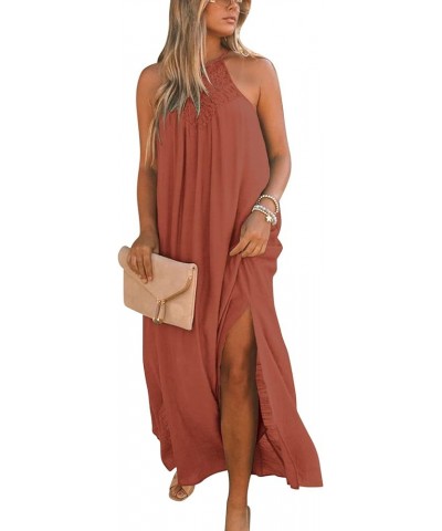 Sleeveless Long Dress for Women Boho Halter Maxi Dresses Casual Loose Sundress Split Cover Up Gown with Pockets Solid Orange ...