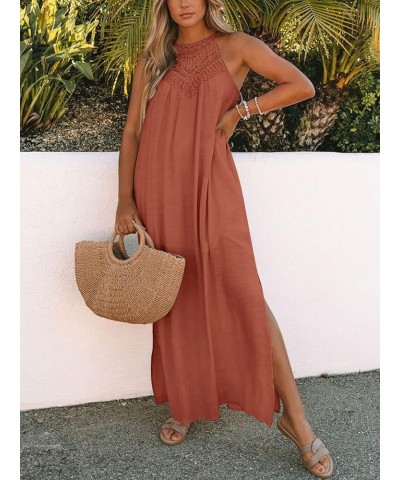 Sleeveless Long Dress for Women Boho Halter Maxi Dresses Casual Loose Sundress Split Cover Up Gown with Pockets Solid Orange ...