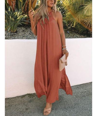 Sleeveless Long Dress for Women Boho Halter Maxi Dresses Casual Loose Sundress Split Cover Up Gown with Pockets Solid Orange ...