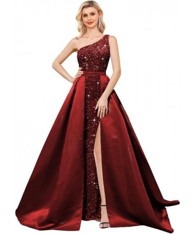 One Shoulder Sequin Prom Dress 2024 for Women with Detachable Train Long Satin Formal Dresses Sparkly Ball Gowns with Cape Wi...