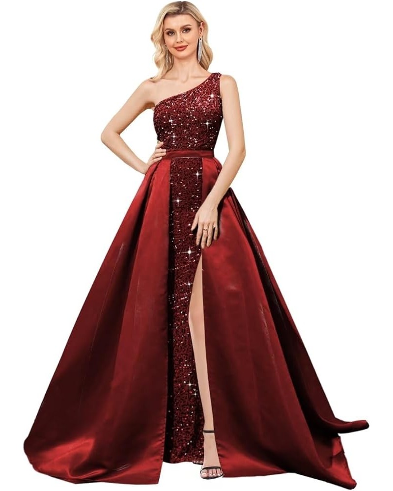 One Shoulder Sequin Prom Dress 2024 for Women with Detachable Train Long Satin Formal Dresses Sparkly Ball Gowns with Cape Wi...