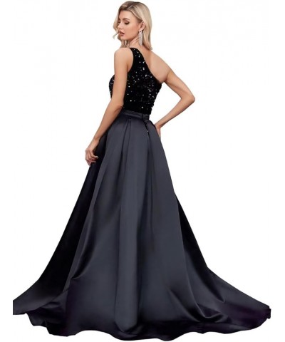 One Shoulder Sequin Prom Dress 2024 for Women with Detachable Train Long Satin Formal Dresses Sparkly Ball Gowns with Cape Wi...