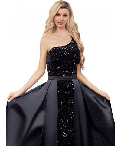 One Shoulder Sequin Prom Dress 2024 for Women with Detachable Train Long Satin Formal Dresses Sparkly Ball Gowns with Cape Wi...